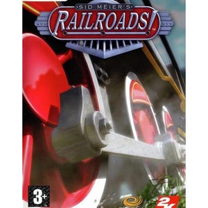 May include: The cover art for Sid Meier's Railroads! video game features a close-up of a red train wheel and the game's logo. The logo is in a silver and red color scheme. The game's rating is visible in the lower left corner.
