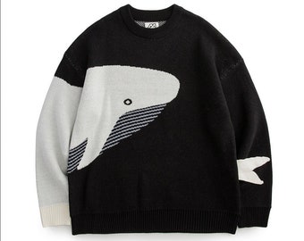 Suéter de ballena pullover, suéter de punto, suéter de cuello redondo, suéter náutico, suéter unisex, suéter con estampado de ballena azul