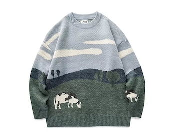 Gestrickter Country Side Scenery Print Pullover, Kuh Print Pullover, Unisex Strick, Baggy Pullover, Wolle Pullover, Oversized Pullover