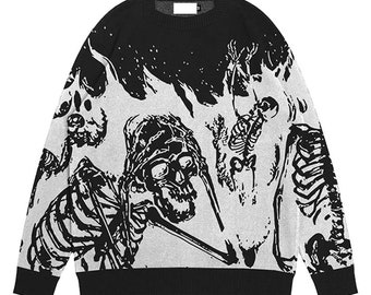 Alt Streetwear Knitwear Sweater, Flamig Skeletons Hoodie, Pullover Hell Sweater, Y2K Streetwear, Grunge Streetwear, Crewneck Sweater