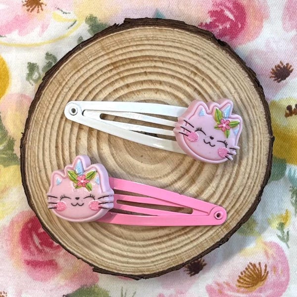 Pink Cat Hair Clips | White Cat Hair Clips | Caticorn (Unicorn Cat) Hair Clips | Cute Kitty Cat Hair Clips | Kitty Hair Accessory