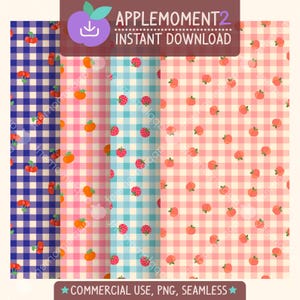 Niedliches Kawaii Nahtloses Muster Regenbogen Früchte Gingham Ästhetik Digitales Papier PNG Oberflächendesign Illustration Kleinunternehmen Kommerziell