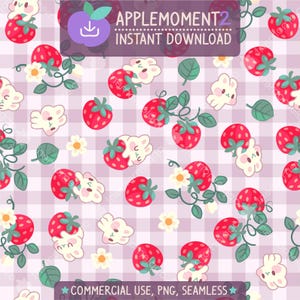 Süße Kawaii Musterdesign Gingham Erdbeer Häschen Ästhetik Digitales Papier PNG Oberflächendesign Illustration Kleine Unternehmen Kommerzielle Nutzung