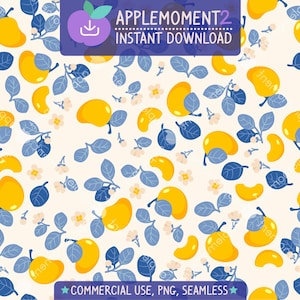 May include: A seamless pattern featuring yellow mangoes, blue leaves, and small white flowers on a cream background. The text "APPLEMOMENT2 INSTANT DOWNLOAD" appears at the top of the pattern. The text "COMMERCIAL USE, PNG, SEAMLESS" appears at the bottom of the pattern.