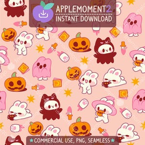 Carino modello kawaii senza cuciture animale Halloween fantasma coniglietto carta digitale PNG superficie design illustrazione piccola impresa uso commerciale