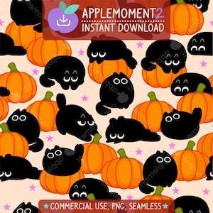 Carino modello kawaii senza cuciture con animali, zucca, gatto nero, carta digitale PNG, design di superficie, illustrazione, uso commerciale per piccole imprese