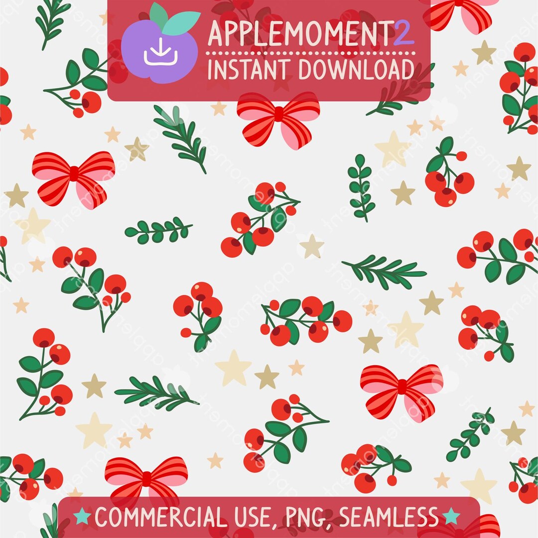 Kawaii Cherry Ribbon Pattern: Seamless PNG Digital Paper (commercial ...