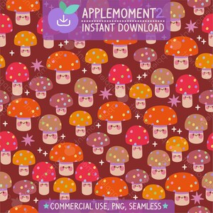 Carino modello kawaii senza soluzione di continuità con funghi colorati, estetica, carta digitale PNG, design di superficie, illustrazione, uso commerciale per piccole imprese