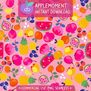 Cute Kawaii Seamless Pattern Sweet Pink Fruits Aesthetic Digital Paper PNG Surface Design Illustration Small Business Commercial Use