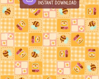 Wzór Kawaii Bee Seamless: Żółty papier cyfrowy o strukturze plastra miodu (PNG)