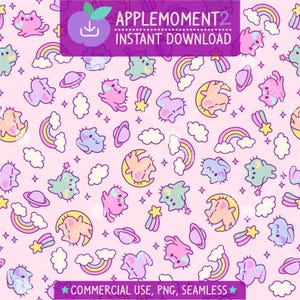 Padrão Kawaii Bonito Sem Costura Gato Arco-íris Celestial Estética Papel Digital PNG Design de Superfície Ilustração Pequenos Negócios Uso Comercial