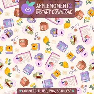 Carino modello kawaii senza soluzione di continuità, accogliente libro fantasma tè al latte estetica carta digitale PNG superficie design illustrazione piccola impresa uso commerciale