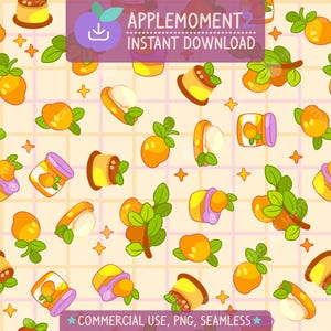May include: A seamless pattern featuring a variety of orange and yellow fruit, jars of jam, and desserts. The pattern is set against a light orange background with a grid pattern.