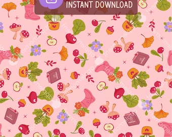 Kawaii Mushroom Seamless Pattern, Autumn Digital Paper (PNG, Commercial Use, Digital Download)