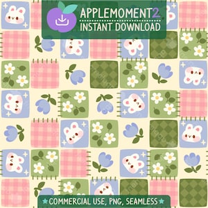 Niedliches Kawaii Musterdesign Frühling Gingham Häschen Ästhetisches Digitales Papier PNG Oberflächendesign Illustration Kleine Unternehmen Kommerzielle Nutzung