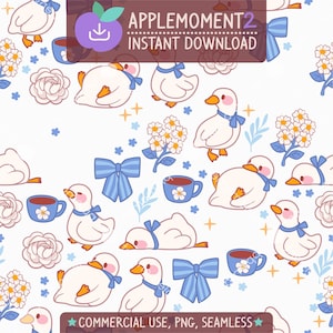 Süße Kawaii Musterdesign Daisy Blue Ribbon Ente Ästhetisches Digitales Papier PNG Oberflächendesign Illustration Kleine Unternehmen Kommerzielle Nutzung