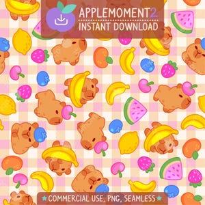 Motif transparent kawaii mignon Vichy fruits Capybara papier numérique esthétique PNG Surface Design Illustration petite entreprise utilisation commerciale