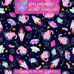Lindo patrón sin costuras kawaii con gatos, planetas celestiales, papel digital estético, diseño de superficie PNG, ilustración, uso comercial para pequeñas empresas