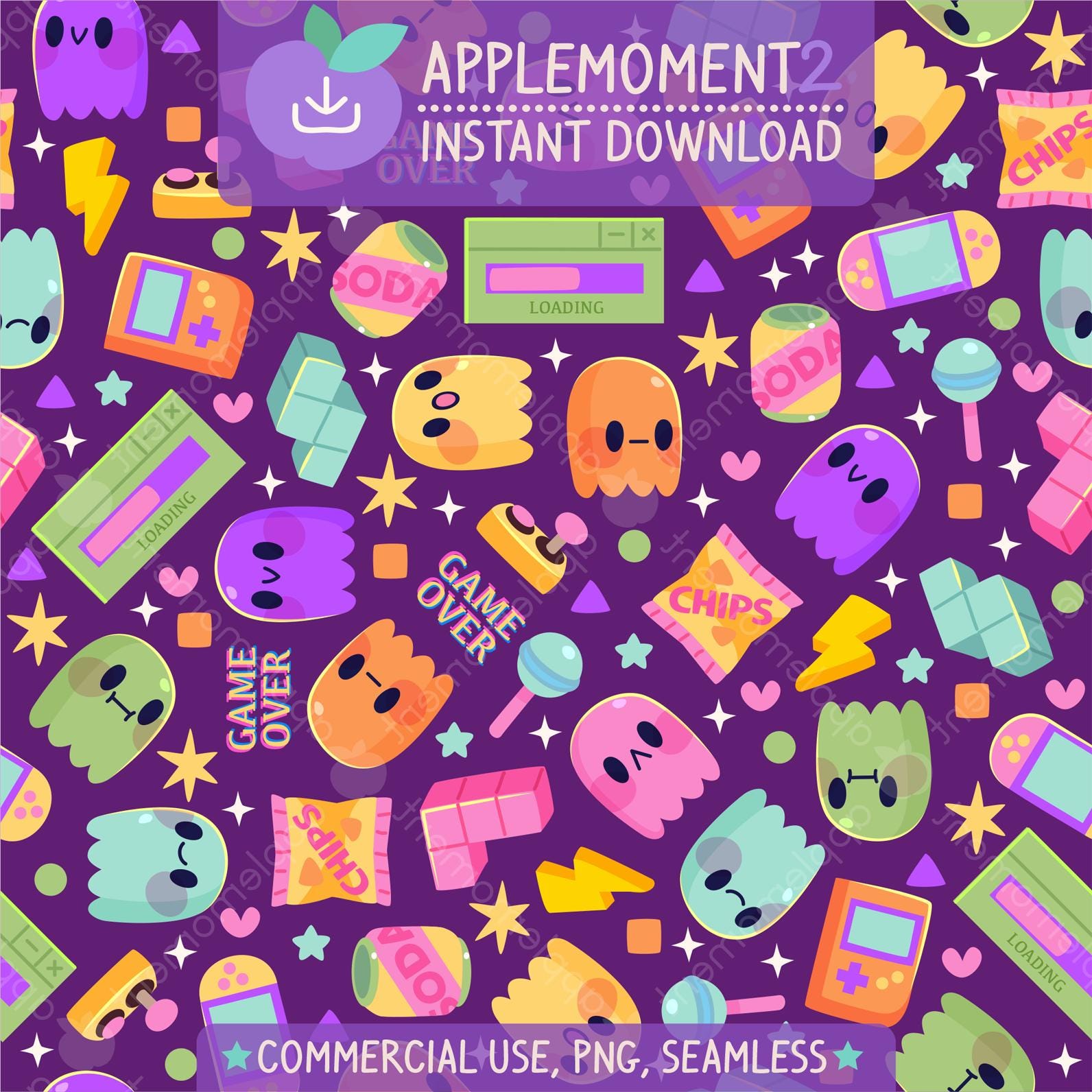 Kawaii Gaming Seamless Pattern: Colorful PNG Surface Design (digital ...