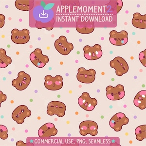 Cute Kawaii Seamless Pattern, Bear PNG Digital Paper, Cute Animal Surface Design, Commercial Use