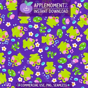Schattig kawaii naadloos patroon Regen zingende kikker Esthetisch digitaal papier PNG Oppervlakteontwerp illustratie Klein bedrijf Commercieel gebruik