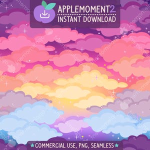 May include: A digital illustration of a colorful sky filled with fluffy clouds in shades of pink, purple, yellow, and blue. The image includes text that reads "APPLEMOMENT2 INSTANT DOWNLOAD" and "COMMERCIAL USE, PNG, SEAMLESS."