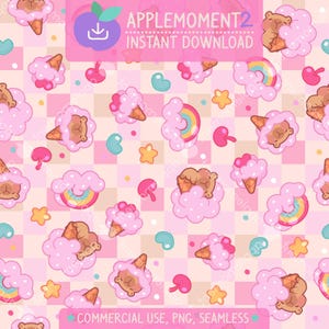 Süßes Kawaii Nahtloses Muster Capybara Candy Gingham Ästhetik Digitales Papier PNG Oberflächendesign Illustration Kleine Unternehmen Kommerzielle Nutzung