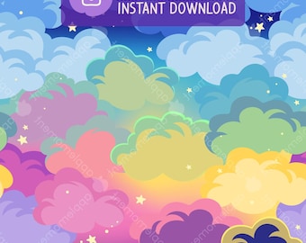 Patrón sin costuras de cielo nocturno kawaii: Nubes arcoíris (descarga digital PNG)