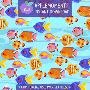 Padrão Kawaii Fofo Sem Costura Peixe no Mar Estético Papel Digital PNG Design de Superfície Ilustração Pequenas Empresas Uso Comercial