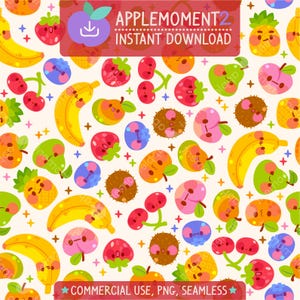 Motif transparent kawaii mignon Fruits colorés Papier numérique esthétique Surface PNG Illustration de conception Utilisation commerciale pour petites entreprises