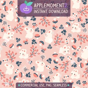 Kawaii mignon motif sans couture rose champignon lapin esthétique papier numérique PNG Surface Design Illustration petite entreprise utilisation commerciale