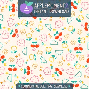 Süßes Kawaii Musterdesign Kirsche Tulpe Häschen Gekritzel Ästhetisches Digitales Papier PNG Oberflächendesign Illustration Kommerzielle Nutzung