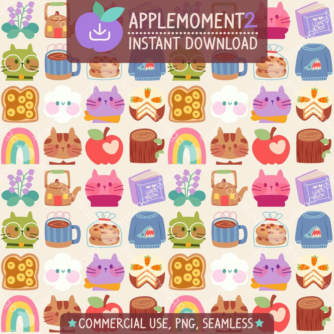 Cute Kawaii Seamless Pattern Cozy Bookish Cats Aesthetic Digital Paper ...