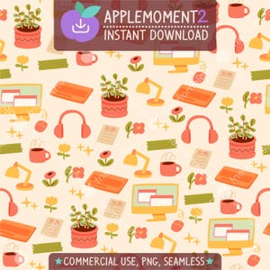May include: A seamless pattern featuring a variety of office and home office items in a bright color palette. The pattern includes a computer monitor, headphones, a potted plant, a lamp, a coffee mug, and a to-do list. The background is a light beige color.