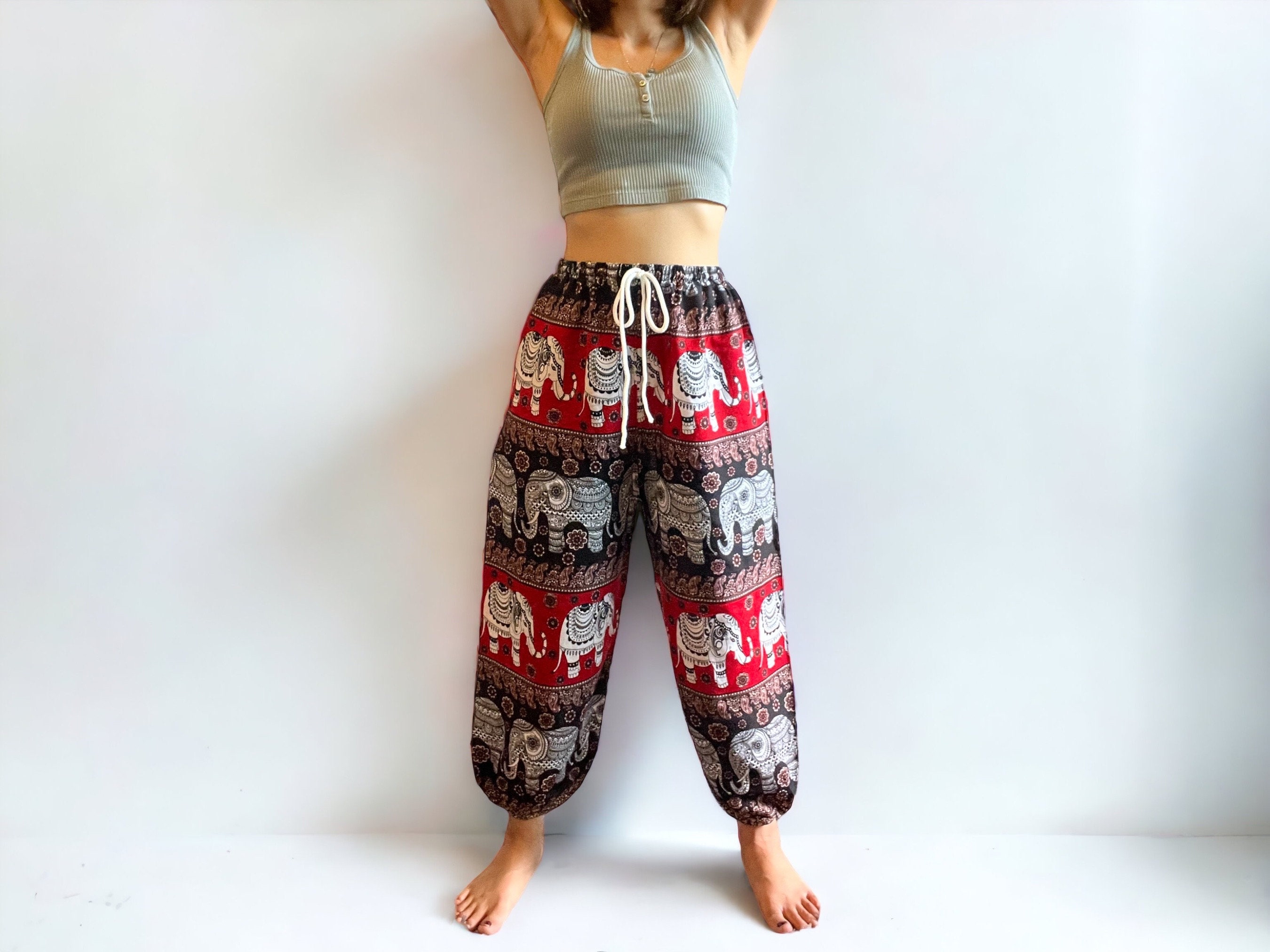 Bohotusk Mens Black Elephant Calf Print Harem Pants Tie Waist Harem Pants  M/L to XL 