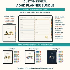 May include: A digital ADHD planner bundle by PlanneryLab featuring 2026, 2027, and undated versions. Includes index cards, Kanban boards, 41 templates, 101 transparent stickers, and PDF guides. Offers three complete designs and 15 color palettes.
