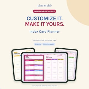 May include: A digital index card planner displayed on three tablet screens. Text reads: plannerylab, PERSONALIZATION INCLUDED, CUSTOMIZE IT. MAKE IT YOURS. Index Card Planner, Your colors. Your fonts. Your style. 3 layouts, 54 content pages.