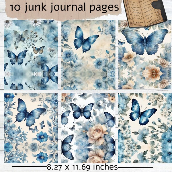 Blue Butterfly Junk Journal Pages, Digital paper, Vintage butterfly junk journal kit, junk journal paper