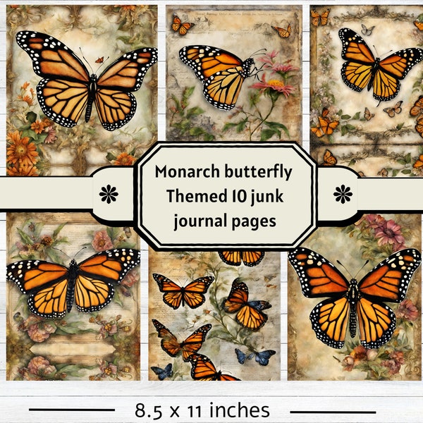 Monarch Butterfly junk journal pages, set of 10, Vintage butterfly papers, Scrapbook butterfly pages