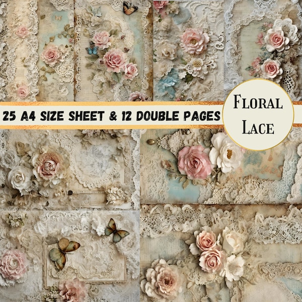 Floral Lace Junk Journal Pages, Vintage Inspired Scrapbook Paper, Junk Journal Kit, DIY Craft Supplies