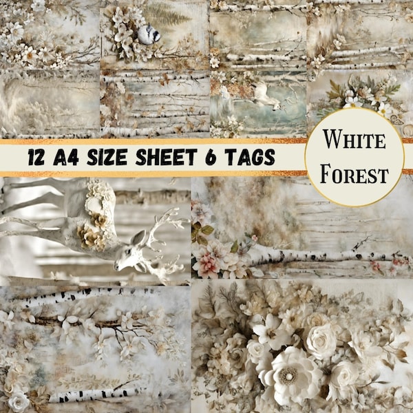 Kit de journal indésirable 12 pages de journal sur le thème de la forêt blanche, impression numérique technique mixte, fournitures de scrapbooking