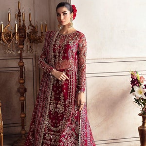 Maroon Kameez with Sharara: Pakistani Wedding Outfit, Hand-Embroidered