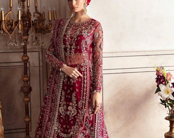 Redish maroon Kameez with Crush Sharara | Pakistani Designer women wedding dupatta salwar kameez | Indian suit | Guest outfit | Gift for her