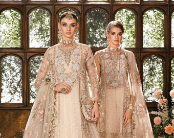 Ivory Bridal Sharara Shirt: Pakistani Wedding Outfit, Embroidered Organza