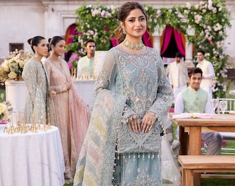 Ice Blue Organza Suit, Pakistani Designer wedding Guest Dupatta salwar kameez, Eid Special outfit, Indian Partywear suit, Gift for her