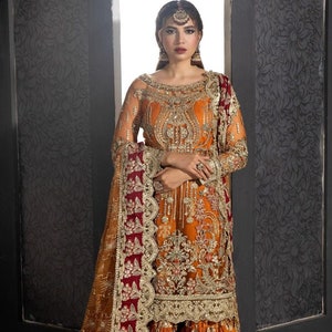 Orange Bridal Gharara: Pakistani Mehndi Wedding Suit, Hand-Embroidered gharara shirt, indian suit, Bridesmaid dress, Indian girls gift