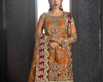 Hand-Embroidered Orange Bridal Gharara Suit: Pakistani Mehndi Wedding Dress, Indian wedding partywear outfit