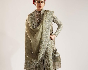 Olive Green Organza open shirt| Pakistani designer wedding women dress | Indian wedding suits | Eid Outfit | Guest Dasi Dress | Gift for her