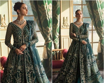 Elegante groene trouwjurk voor Nikkah-ceremonie | Pakistaanse bruidsreceptiejurk | Gast feestkleding | mehndi Lehenga | Eid geschenk