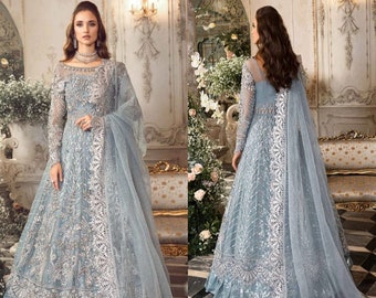 Ice Blue Maria B. Wedding Collection | Pakistani Designer Bridal Nikkah Reception Maxi | Walima Outfit | Guest Partywear Dress | Eid Gift